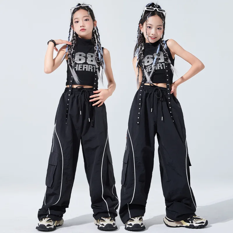 

Girls Fashion Streetwear Child Hip Hop High Collar Vest Top Cool Baggy Pants Clothes Sets Kids Street Dance Jazz Joggers Costume