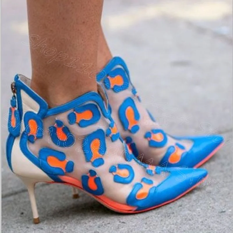 Azul graffiti impressão pvc apontou toe tornozelo botas de volta zíper sapatos femininos finos salto alto moda festa 2025 zapatos para mujere
