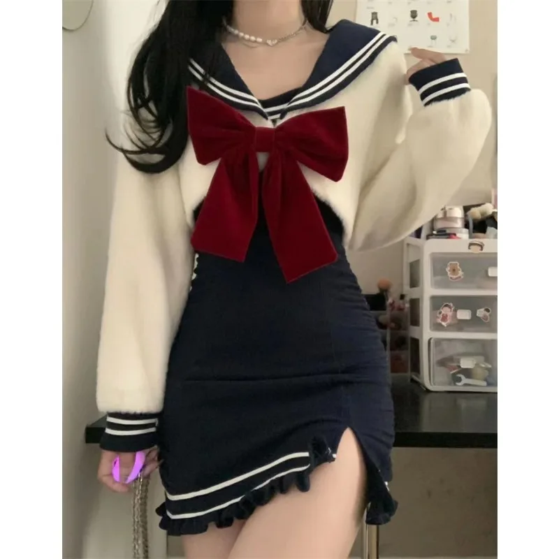 الخريف الشتاء Kawaii البحرية طوق القوس سترة الأزرق الداكن الحمالة تنورة Jk دعوى الملابس النسائية Y2k الحلو زي مدرسي 4XL
