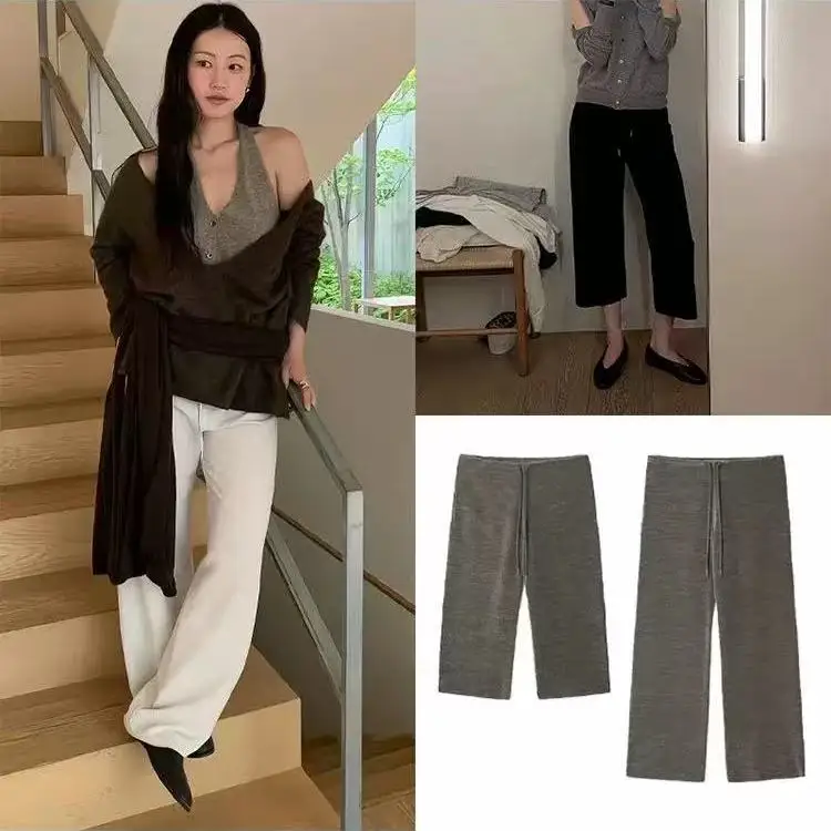 Retro Velvet Seven-Foot Pants High Waist Wide Leg Casual Trousers for Women Autumn New Style Dongdaemun Fashionable Slimming