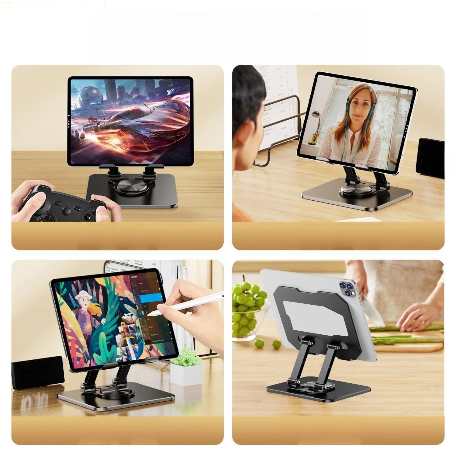 360° Rotatable Foldable Metal Tablet Phone Desktop Holder Adjustable Support for iPad Smartphone Gaming Drawing Live Stream