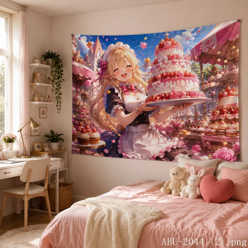 VIKAMA Cake Elf Maid Girl Tapestry Pink Dessert Floral Castle Wall Hanging Sweet Lolita Anime Girly Bedroom Aesthetic Decor