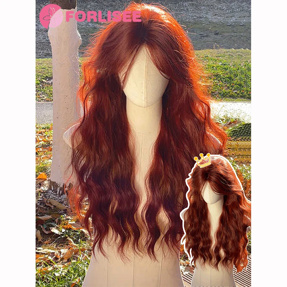 

Red Brown Wavy Wigs for Women with Bangs Long Natural Synthetic Hair Wig Daily Cosplay Heat Resistant LM