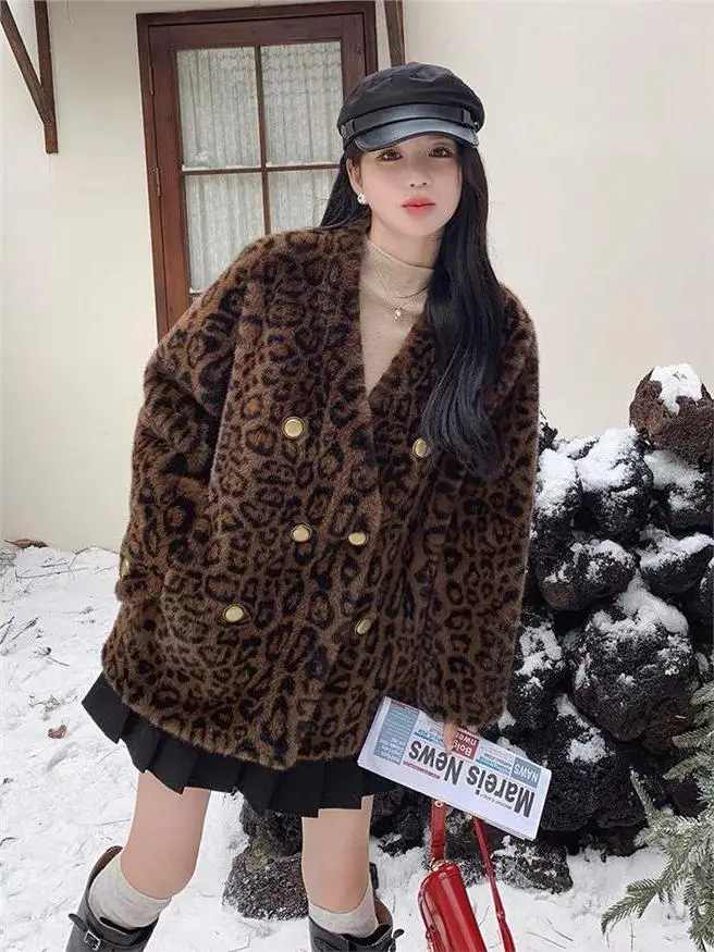 

Faionable Loose V-Ne Leopard Print Fur Coat New 2025 Sli Design Warmth Outerwear for Women Commute Sle