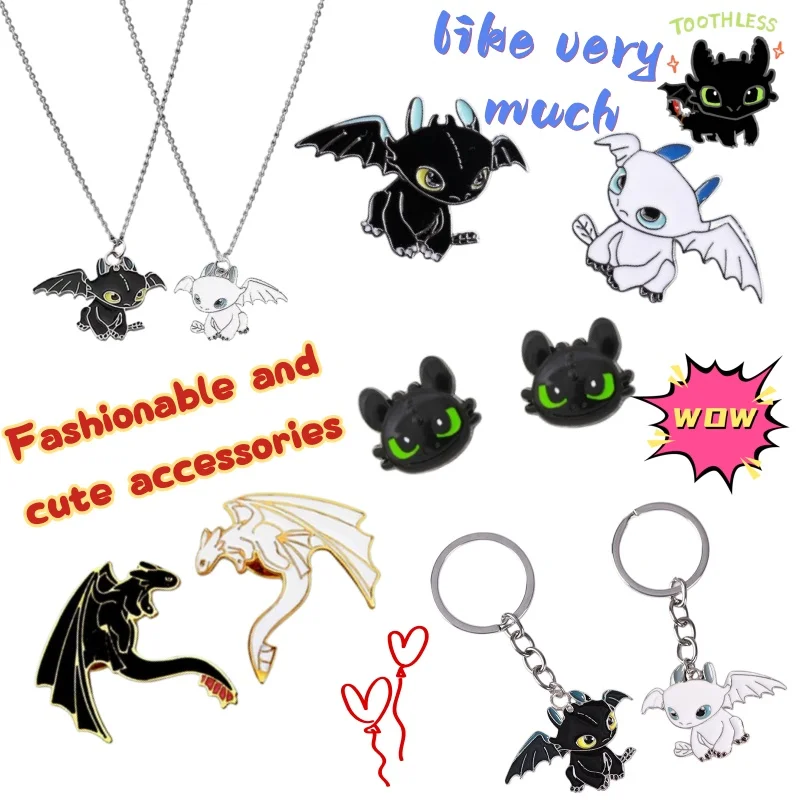Dragon Taming Master Anime Niedliche Zahnlos-Halskette, Ohrstecker, Ring, Brosche, Nischen-Accessoires für Paare, Geschenke für Sie und Ihn