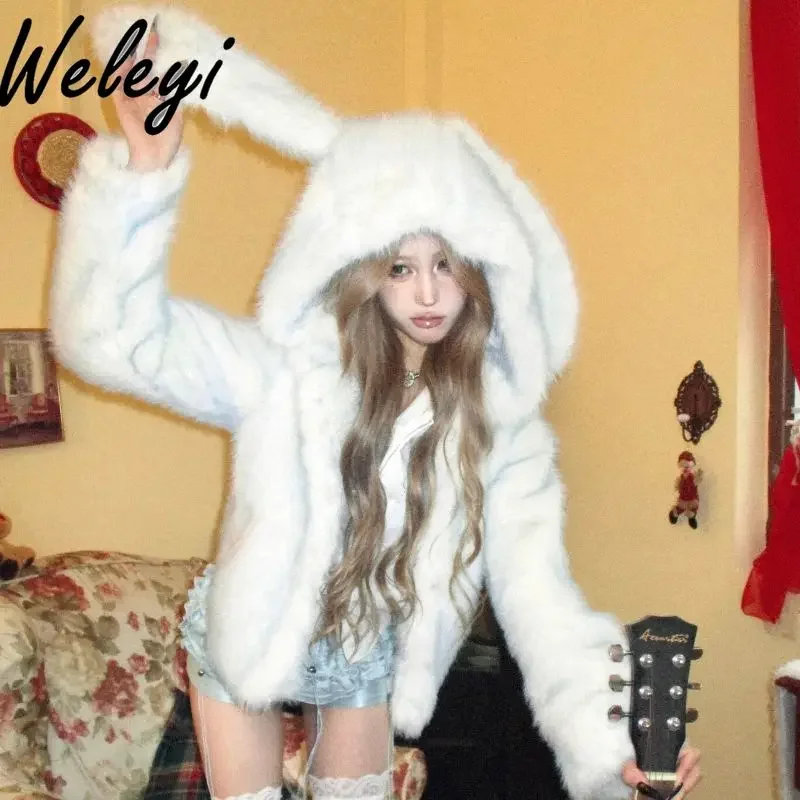 

2024 New Cute Rabbit Ears Imitation Fox Fur Coat Female Student Winter Sweet Long Sleeve Hooded Plush Cotton Coats for Women