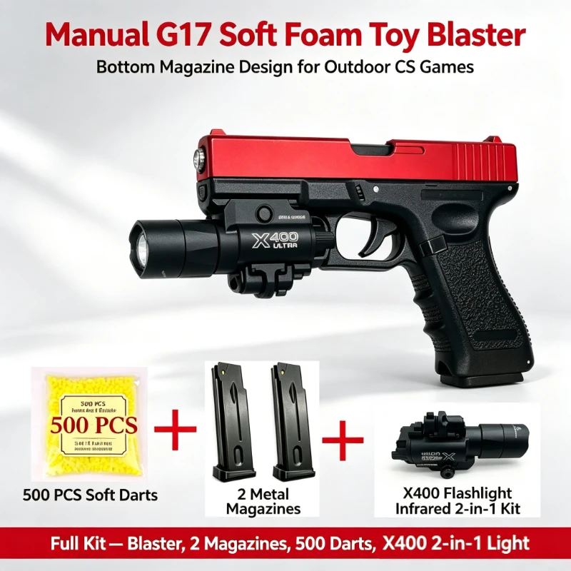 Manual G17 Soft Foam Toy Blaster, Bottom‑Magazine with X300 Infrared Kit for Outdoor CS Game Kids Play Toy