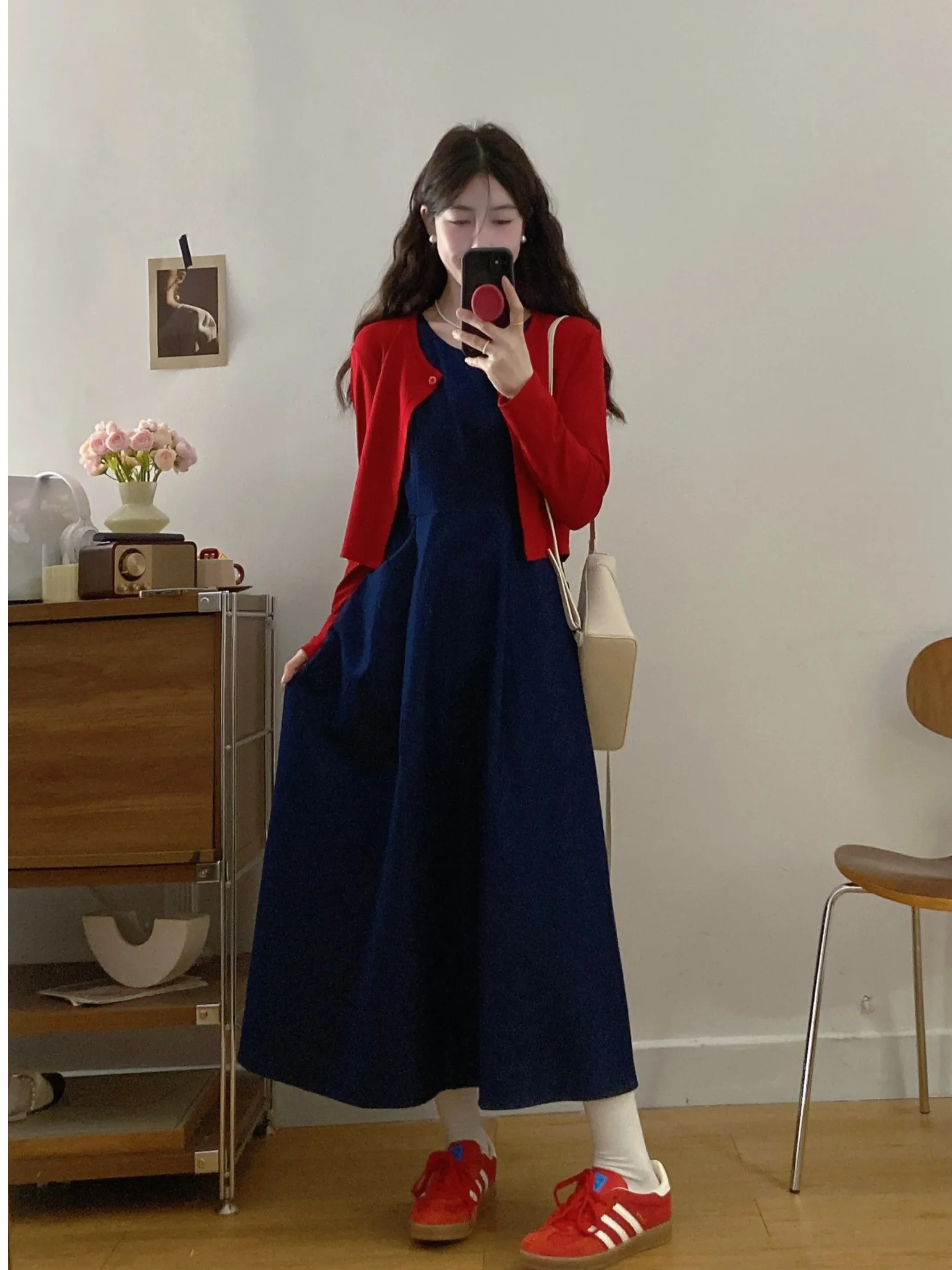 

plus Size Women's Vintage Waist-Cinching Denim Vest Dr Spring Summer New Sle Meat Covering Red oulder awl Set