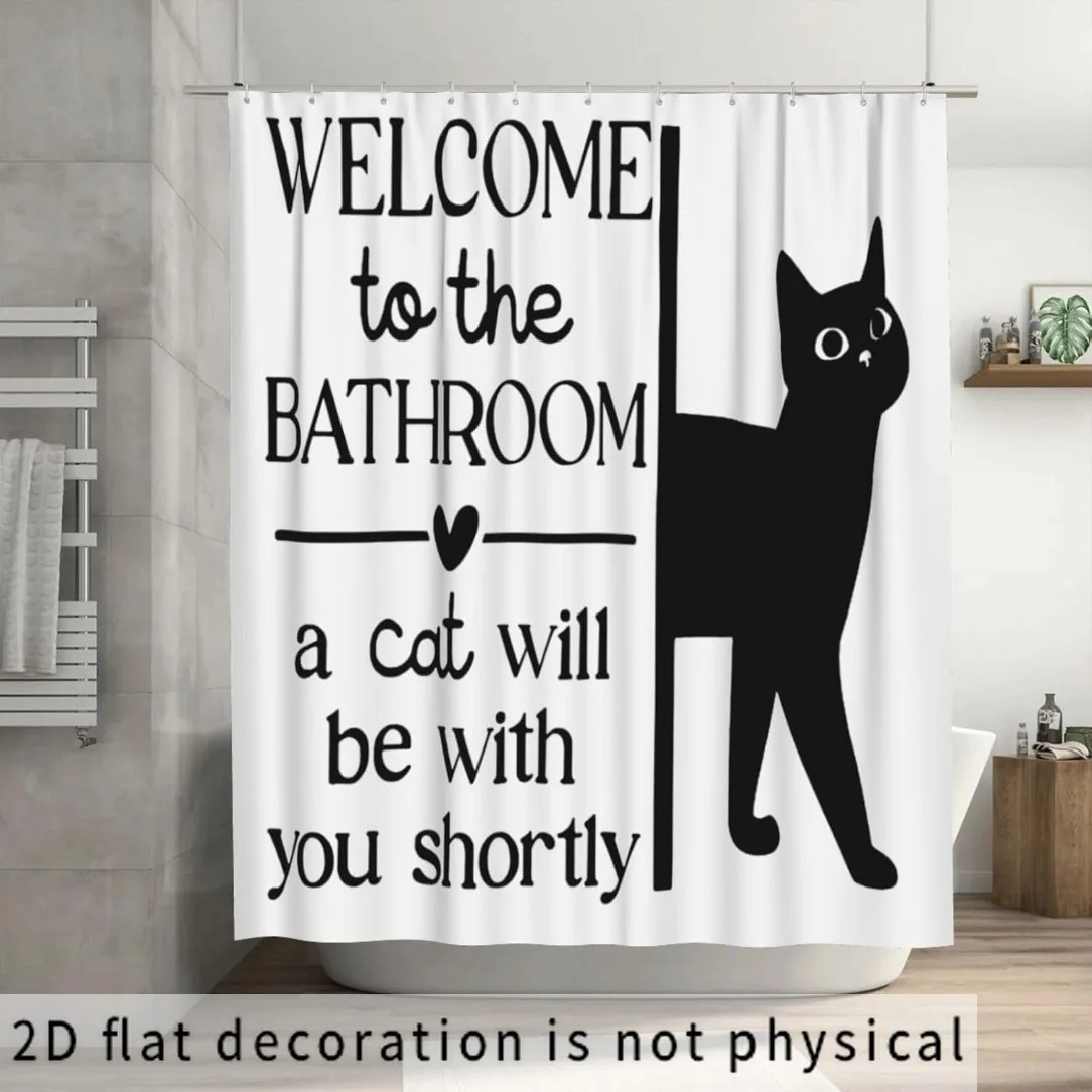 Funny Black Cat Welcome Bathroom Shower Curtain, Cute Pet Quote Print Waterproof Home Decor, Humor Bath Screen for Cat Lovers