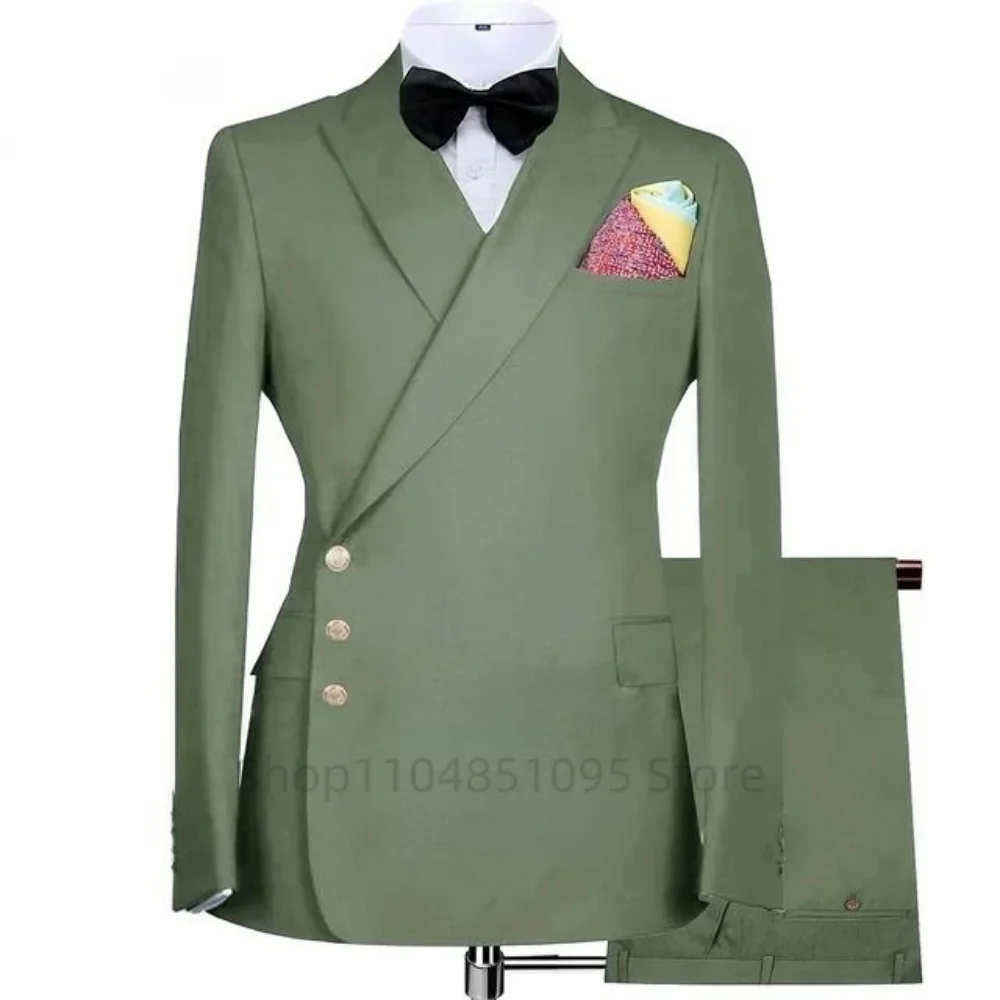 أنيقة الصلبة 2 قطعة الرجال سهرة رسمية الأعمال الزفاف العريس سترة مزدوجة الصدر مع الذروة التلبيب والسراويل