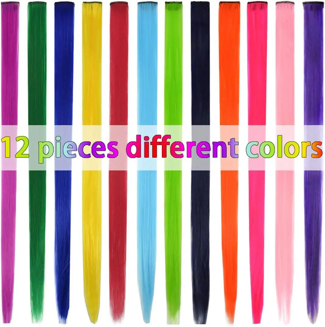 

22 Inch Wig Rainbow Straight Hair Pieces 12 Colors Sparkle Hair Extensions Synthetic Hair Clip-In One Piece Hairpiece for Women