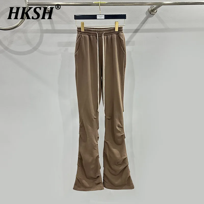 

HKSH Spring Summer New Women Stylish Dark Chic High Street Drawstring Elastic Waist Solid Color Pleated Long Flared Pants HK5853