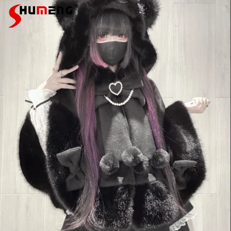 아름다운 로지타 Y2K 판초 대량 생산 20% 울 플리스 안감 만화 귀 케이프 코트 가을 따뜻하고 부드럽고 편안한 여성용 망토