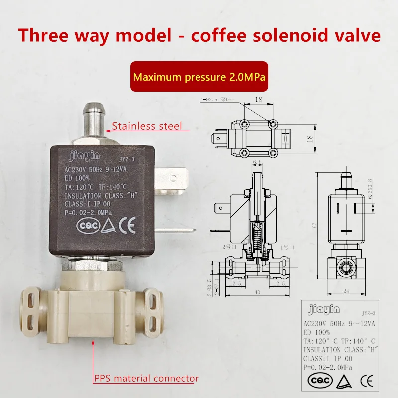 Válvulas solenoides de control de 2/3 vías de 230V y válvulas de vapor resistentes a altas temperaturas, accesorios para máquina de espresso 3