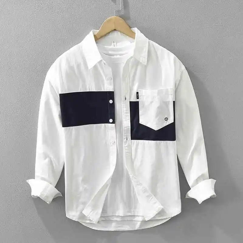

Men's Long Splicing Sved Shirt Top Jacket Casual Cotton Color Shirt with Pocket Easy Care Long Sleeve Japanese Style