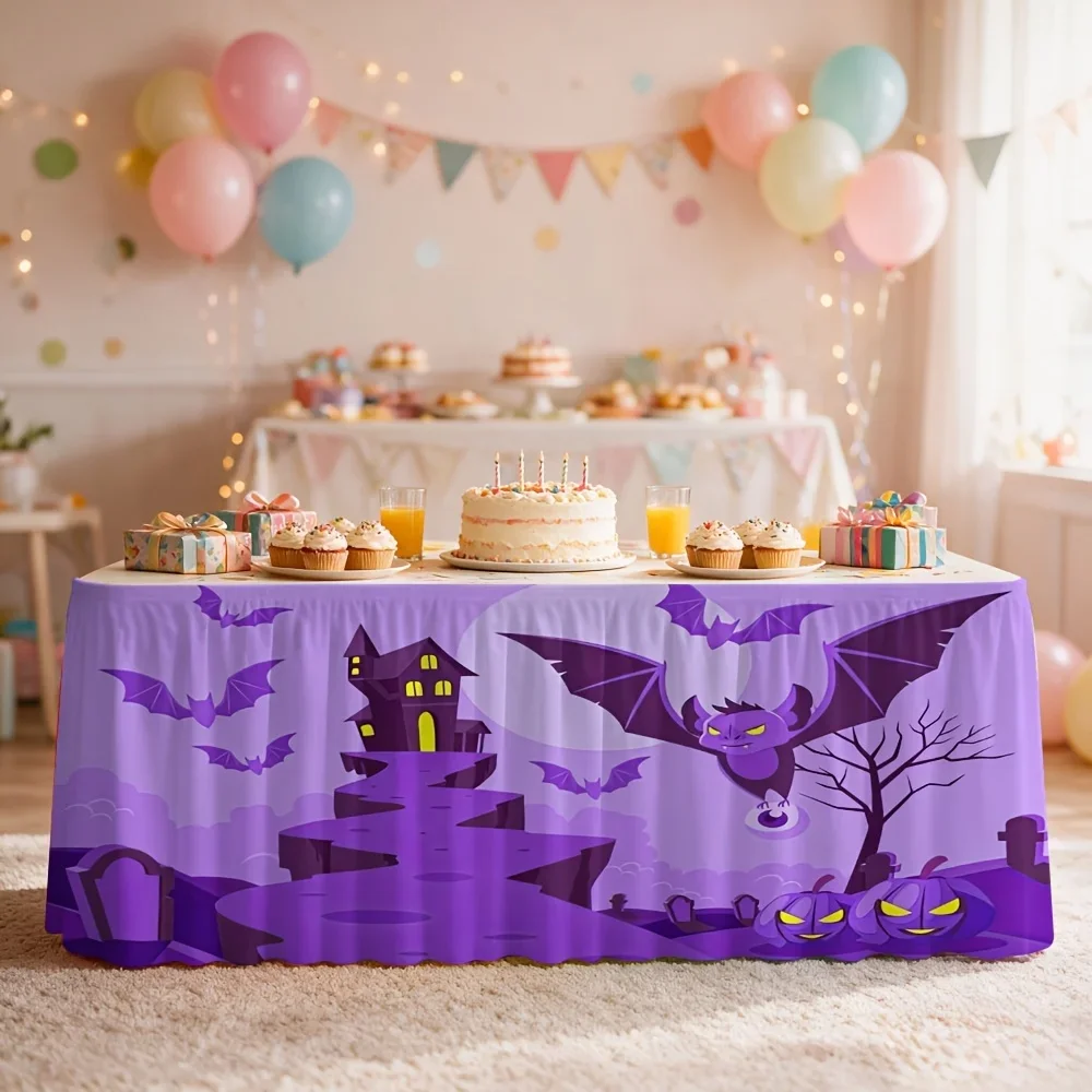 One Halloween-themed bat haunted house printed table skirt,suitable for use in events,kitchens and restaurants as decoration.xzj