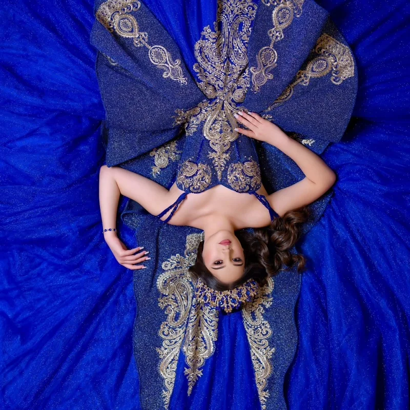 

Customized Shiny dark blue Quinceanera Dresses Off the Shoulder sequin applique Lace Long tail Vestido 15 Quinceanera