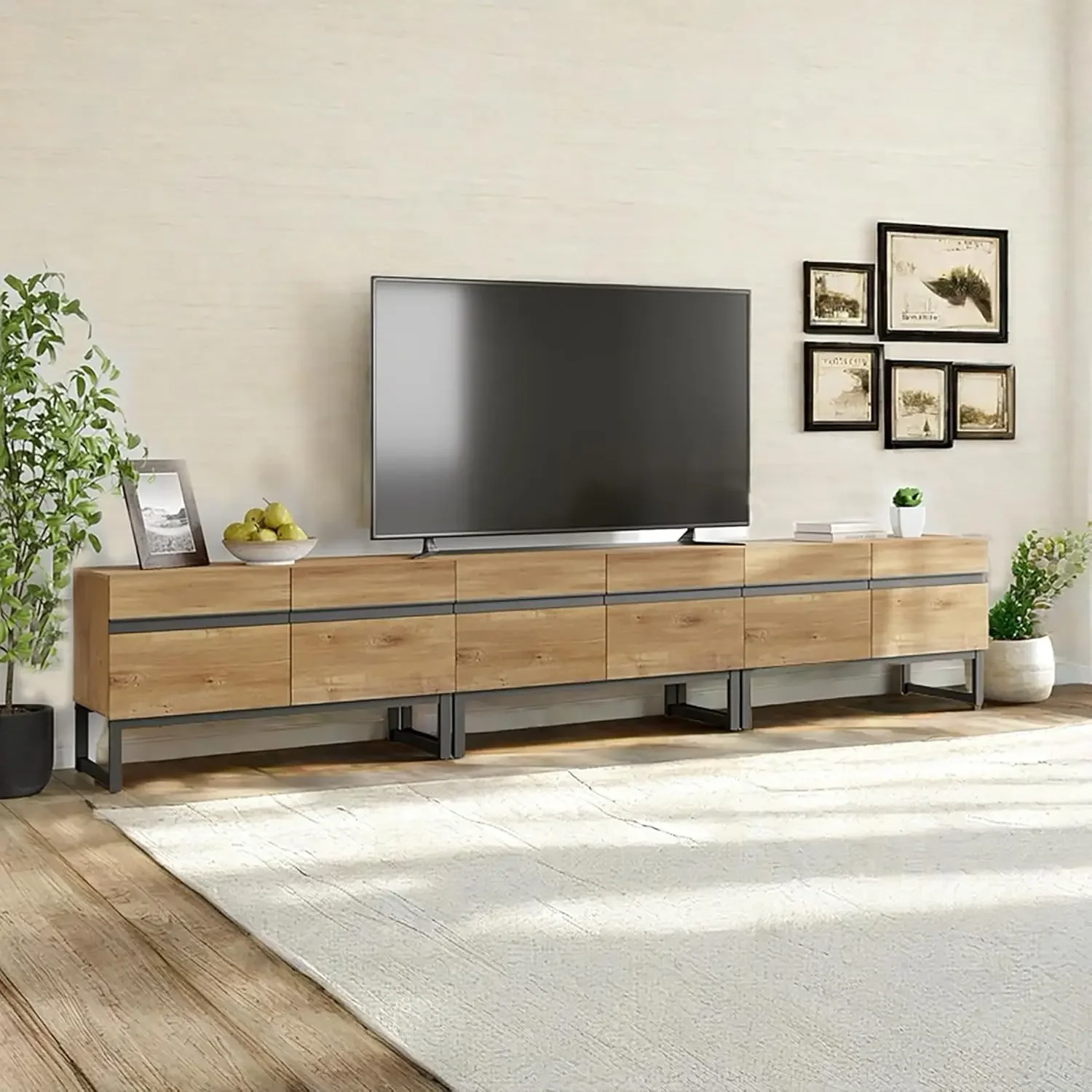 

Modern TV Stand with Storage Cabinets for 110 Inch TV, Wood Entertainment Center Media Console Table with Metal Legs, Oak