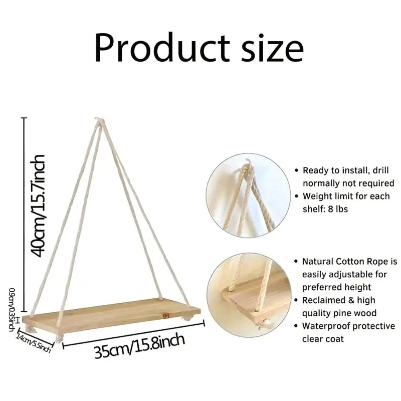 Hanging Wood Shelves Adjustable Cotton Rope Natural Wood Finish Minimalist Wall Decor for Modern Home Office Use