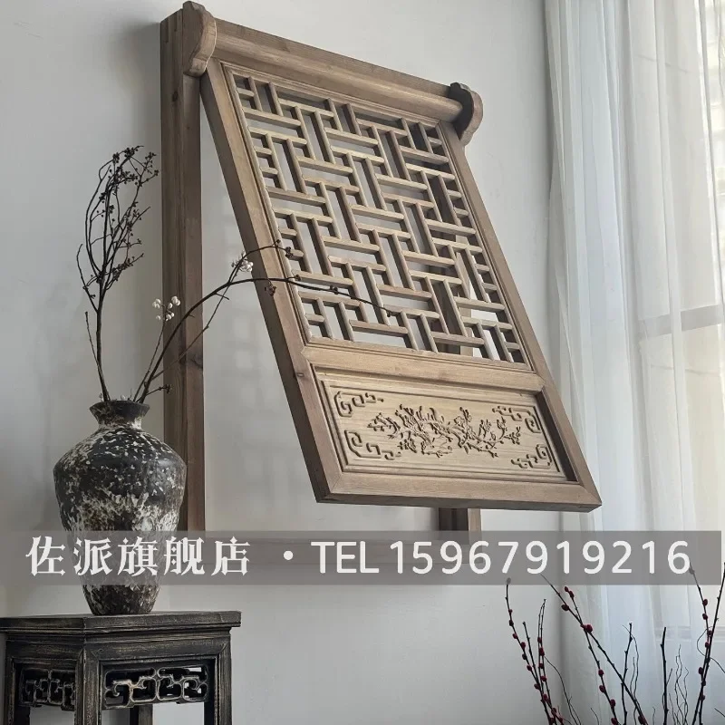 Chinese antique upper window Dongyang wood carving solid wood customization Song's aesthetics retro wabi-sandy wind carving holl