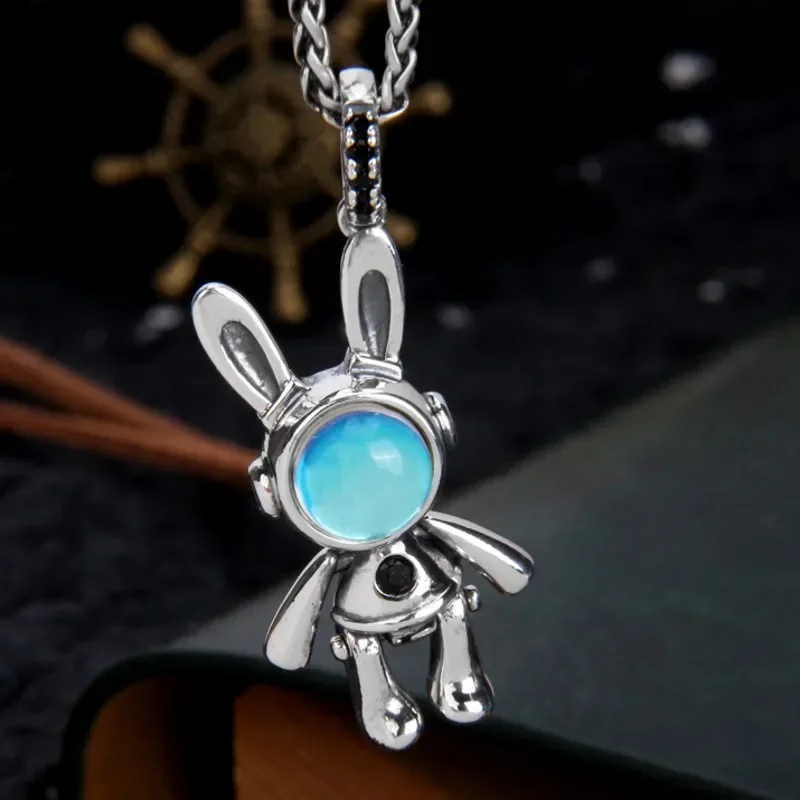 New Trendy 100% S925 Sterling Silver Moonstone Bunny Astronaut Fashion Men And Women Pendant