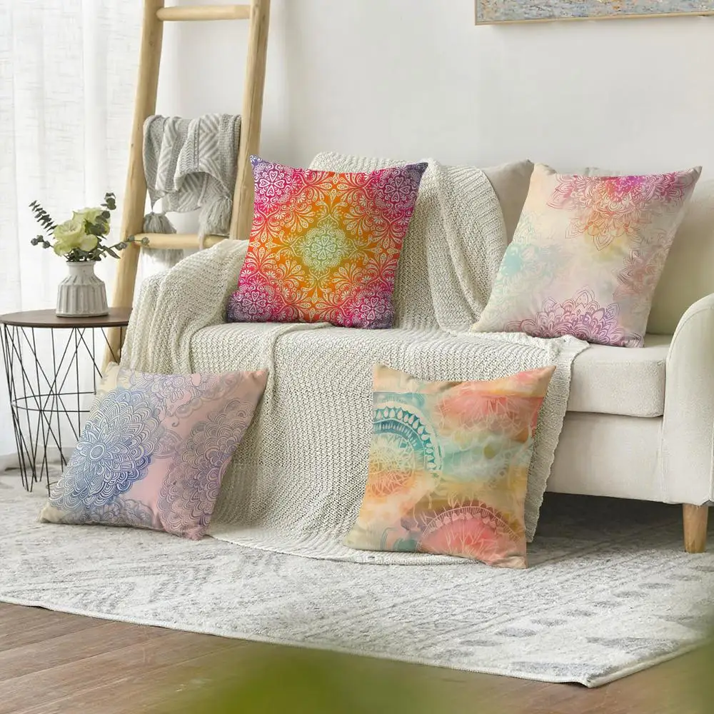 Colorful Floral Mandala Art Cushion Cover Natural Linen Organic Fabric Double-Sided Printing Sofa Home Decor Gift Pillow Cover