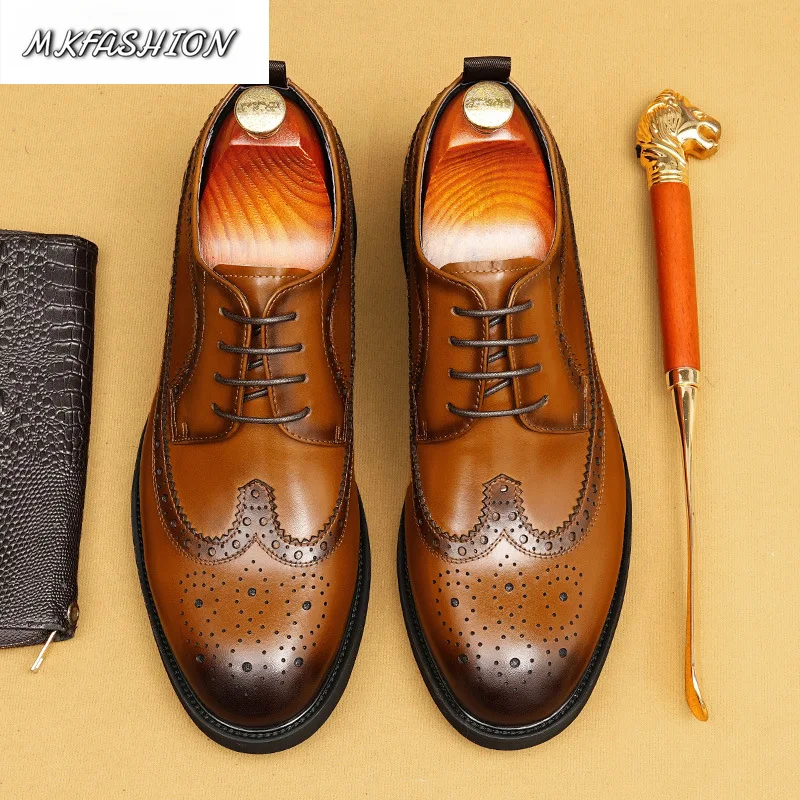 Men's Business Dress Genuine Leather Block Shoes Round Toe Lace Up Flats Wedding Shoes