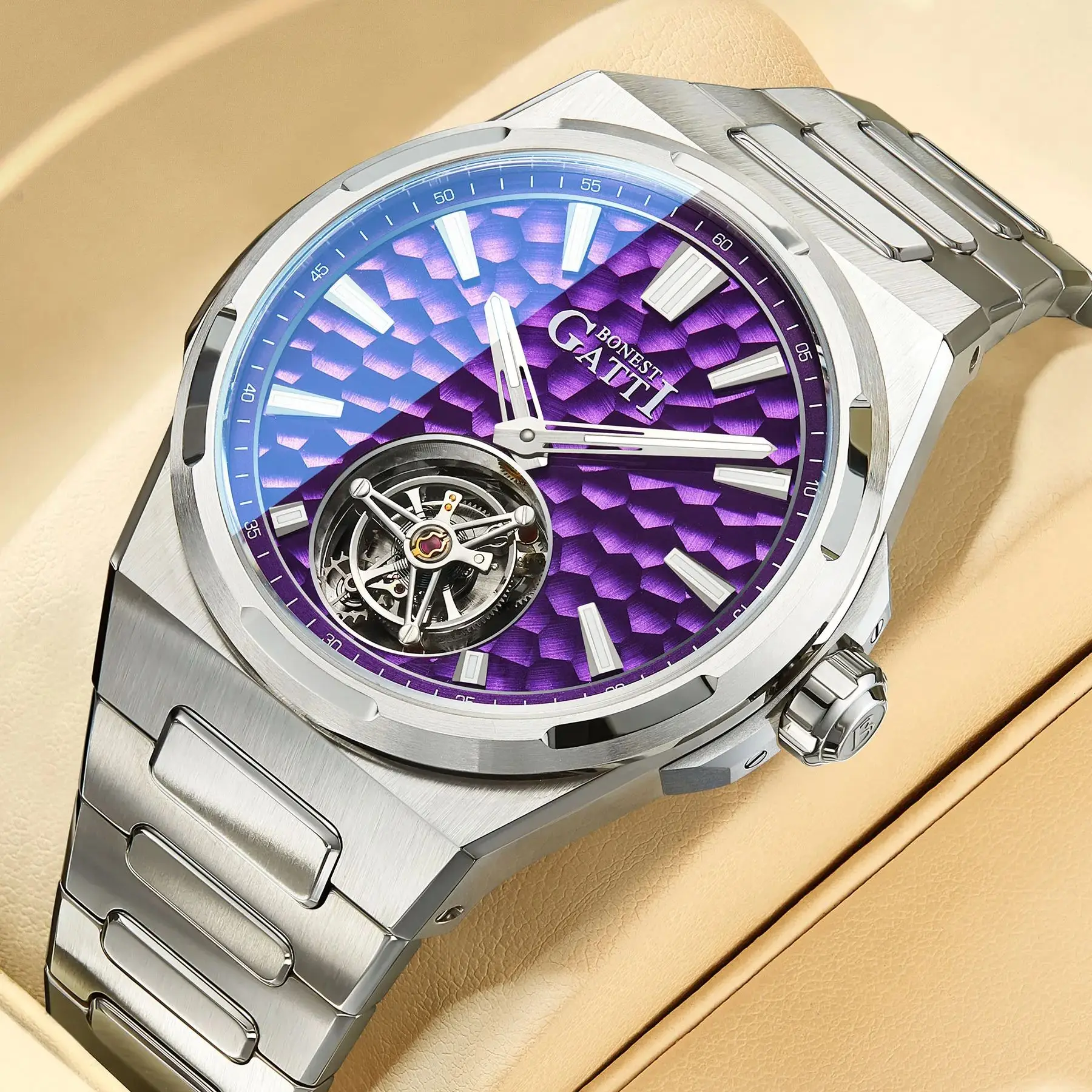 

BONEST GATTI Мужские часы с турбийоном 43 мм Автоматические механические наручные часы 50 м Водонепроницаемые сапфировое зеркало Светящийся скелетонизированный циферблат