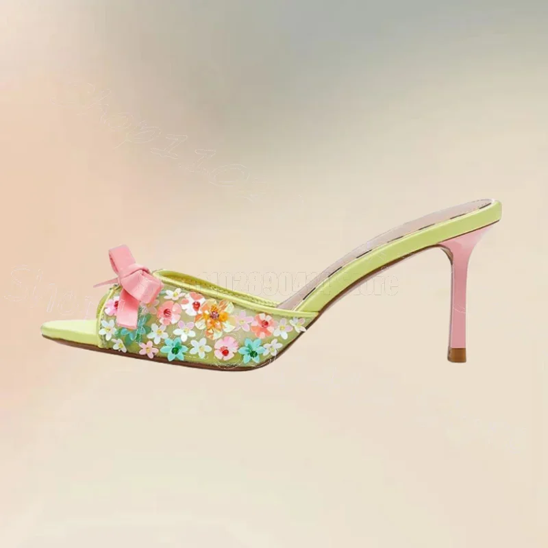 

Colorful Appliques Design Bow Knot Slippers Slip On Women Shoes Thin High Heels Open Toe Party Banquet 2026 Zapatos Para Mujere