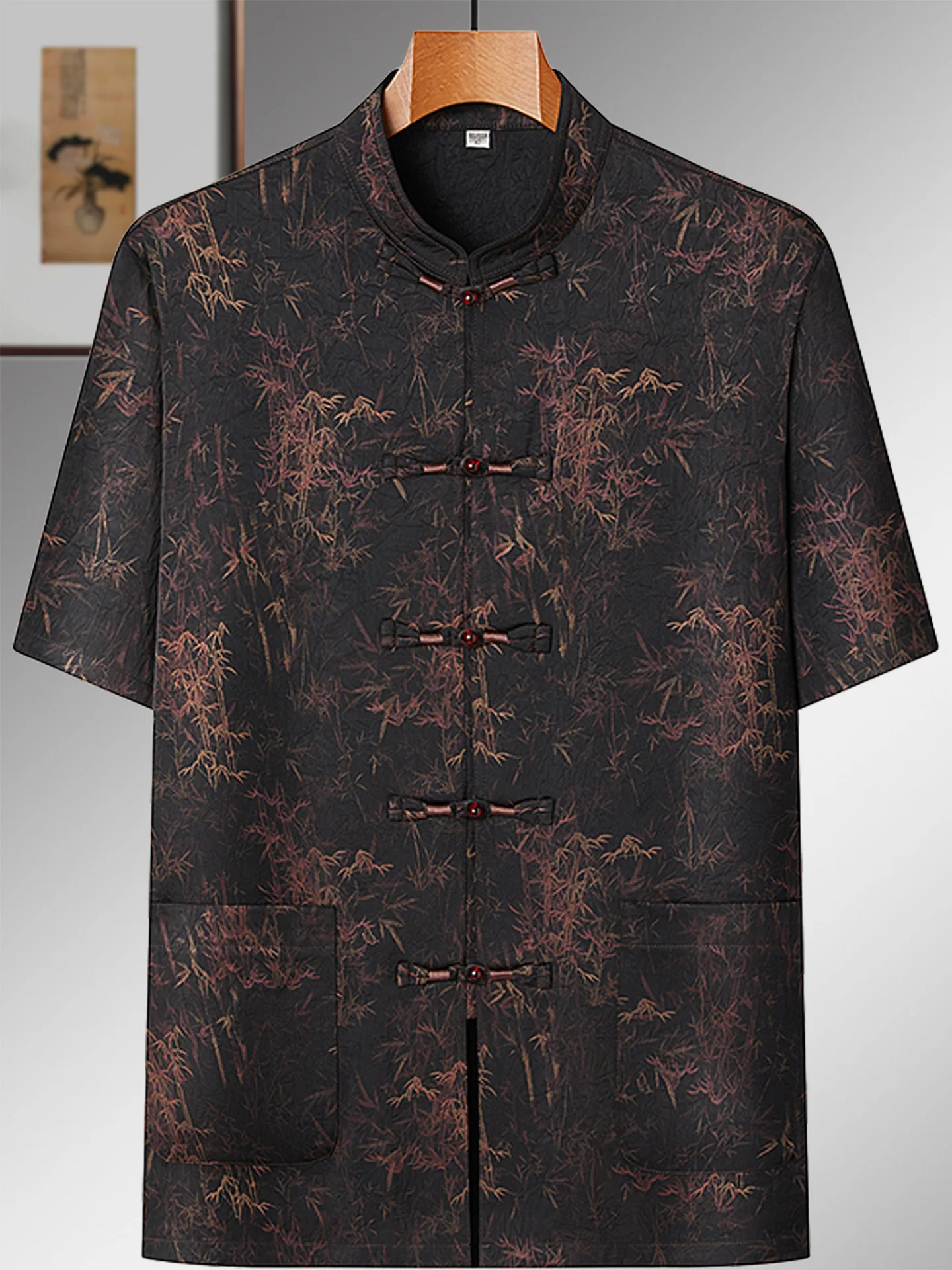 新しい中国風カジュアル唐スーツメンズ半袖軽量お父さん夏服竹の葉プリントボタンヴィンテージ