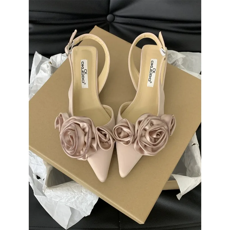 Tacones bajos con diamantes de imitación y decoración de flores para mujer, zapatos de vestir elegantes con punta puntiaguda, tacones con correa en