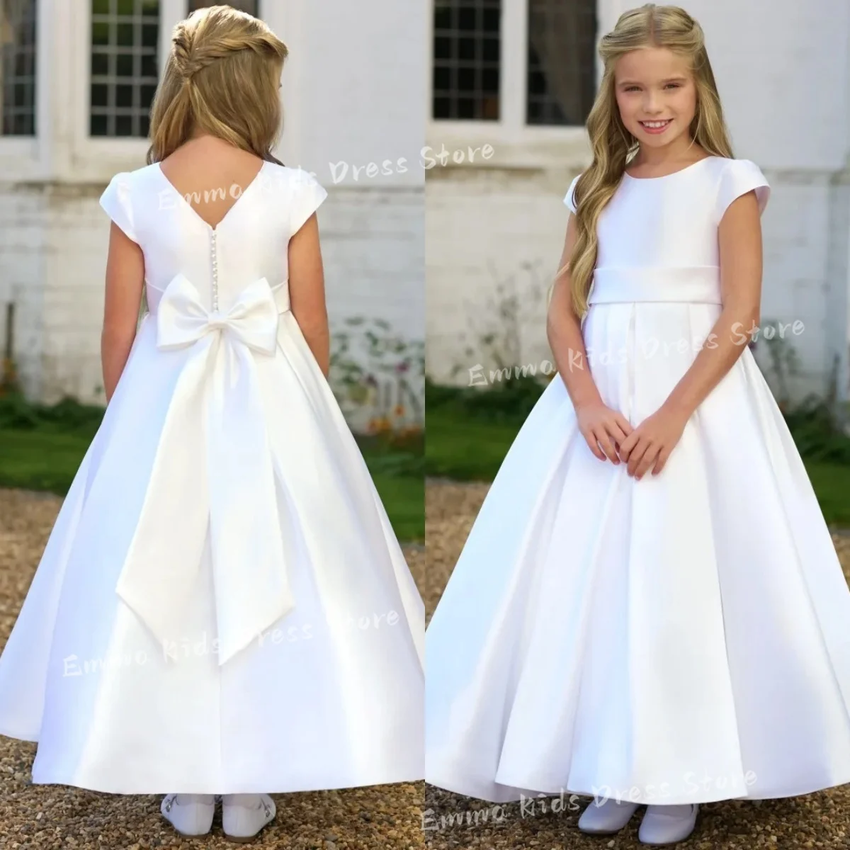 DORISWhite Flower Girl Dresses for Wedding with Bow Short Sleeves Girl Birthday Gowns for Photoshoot First Communion Gowns Custo