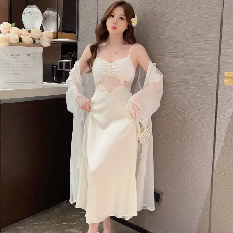 Bride Kimono Bathrobe Gown Suit Female Twinset Robe Set Lace Chemise Nightgown Summer Mesh Satin Sleepwear Nightdress Home Wear