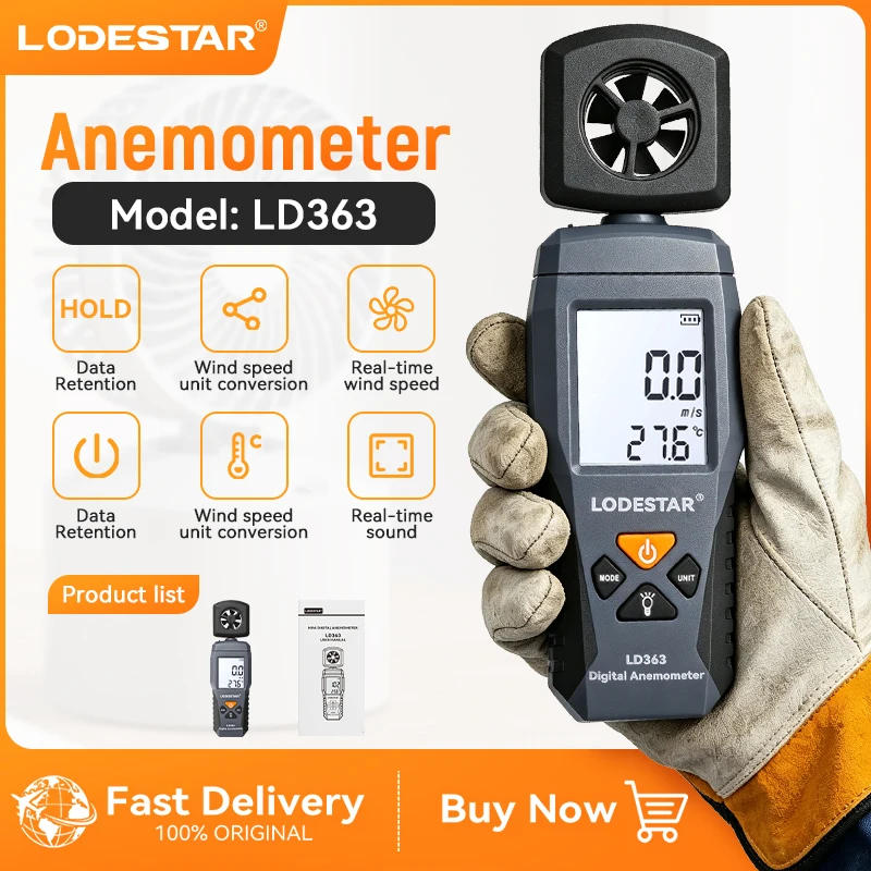 LODESTAR LD363 Portable Digital Wind Speed Meter Built-in Temperature Sensor LCD Screen Display Wind Level Air Flow Velocity