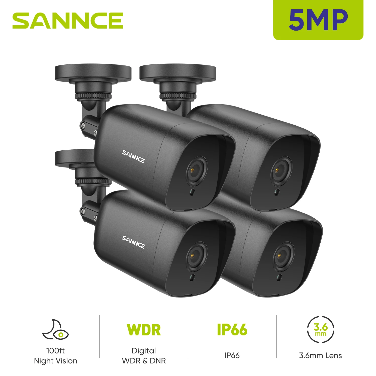 SANNCE 4PCS 5MP TVI Security Cameras 12Pcs IR Leds IR Night Vision CCTV Surveillance Security Camera With BNC Cable 3.6mm Lens