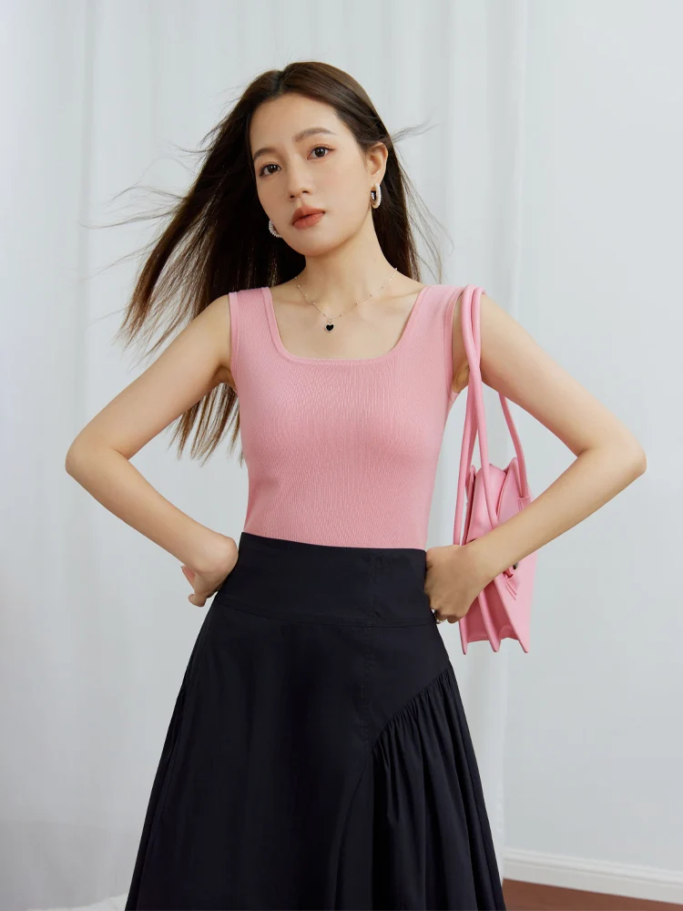 DUSHU Casual Style All-match Front and Rear Two-wear Double-collar Knitted Camisole for Women Autumn New Slim Top Female