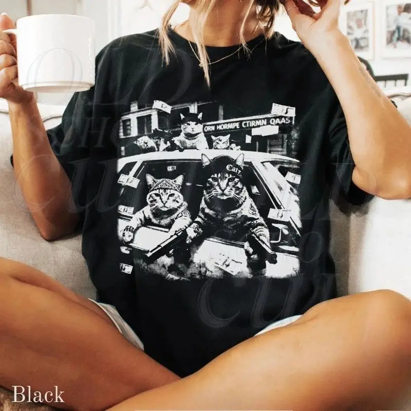 Y2k Vintage Black Cat Tee Gangster Cats Grafik T-Shirt, Retro Streetwear Shirts Lustiges Katzen-Top Übergroßes Cooles T-Shirt Unisex – Detail 3