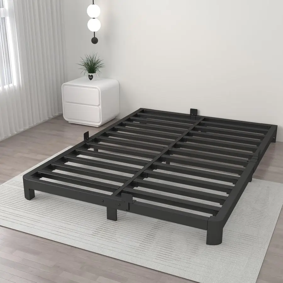 

4 Inch Queen Bed Frame No Box Spring Needed, Platform Bed Frame with Metal Gaskets, Heavy Duty Steel Slat Support, AntiSlip Mat