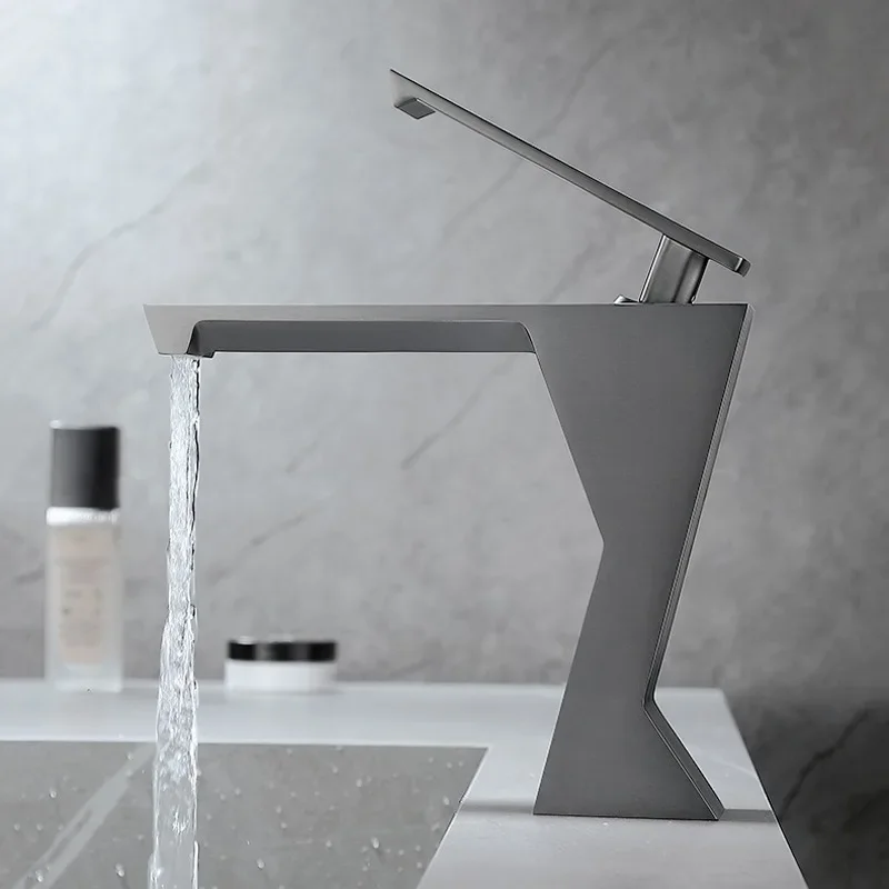 

Simple Faucet Hot and Cold Ceramic Valve Core Square Gun Gray Bathroom Washbasin Waterfall Single Hole Faucet