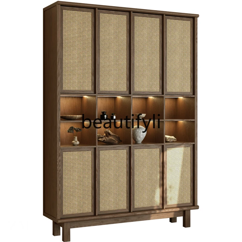 New Chinese-style rattan wood grain wall cabinet storage wabi tea room background cabinet