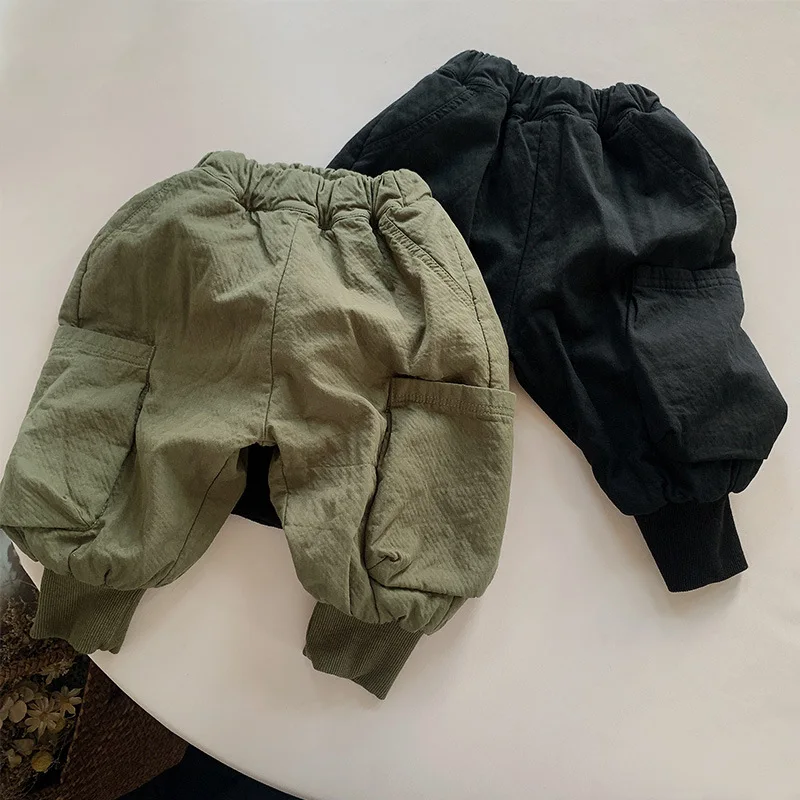 2024 Winter New Children Warm Trousers Solid Kids Casual Pants Plus Velvet Thick Girls Harem Pants Cotton Baby Boys Clothes