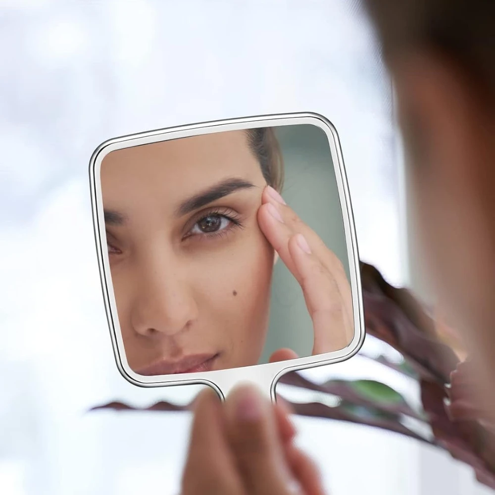 Handspiegel, Wasserwellen-Handspiegel mit Griff für Make-up, quadratisch, silberfarben, Handspiegel, galvanisierter Spiegel, Splitter