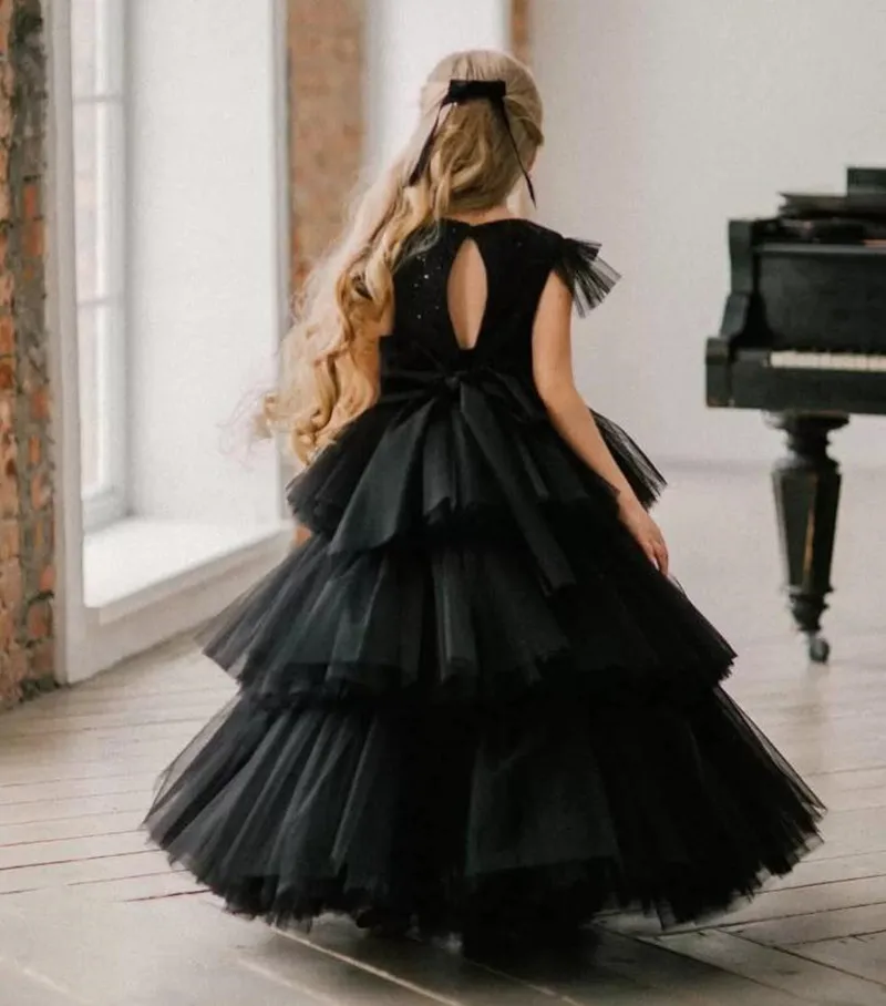 Tule preto cetim vestido da menina flor lantejoulas superior crianças vestido de festa de casamento vestidos de aniversário da princesa grande arco feito sob encomenda