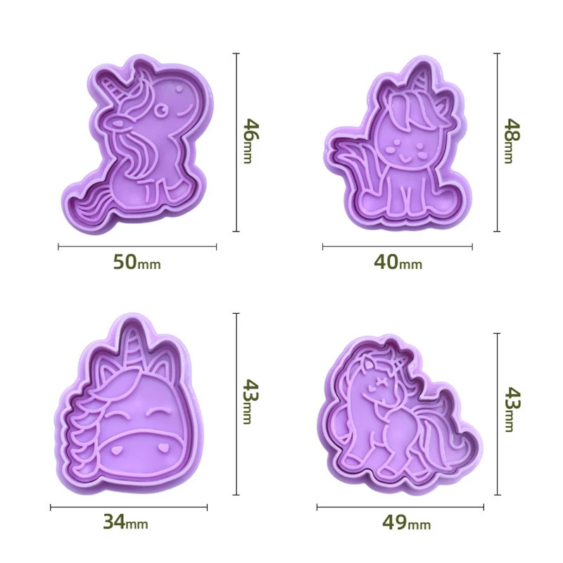 4Pcs/set Unicorn Cookie Cutters Plastic 3D Cartoon Shape Pressable Biscuit Mold Pastry Embossing Biscuit Baking Tools