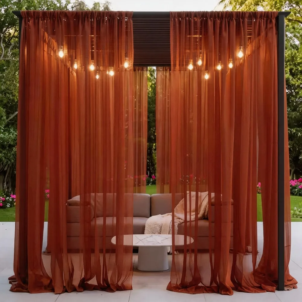 1PC Rust Rod Pocket Sheer Curtain, Elegant Transparent Mesh, Breathable Polyester Fabric, Ideal for Daily Use & Weddings, Birthd