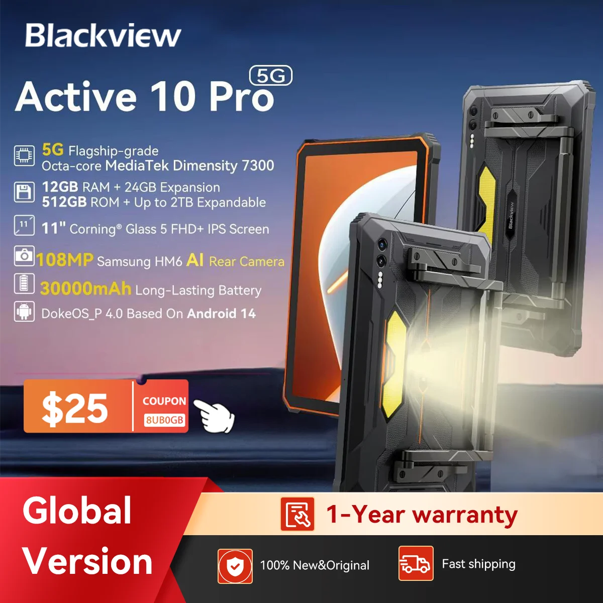 

World Premiere Blackview Active 10 Pro 5G Rugged Tablet, MTK 7300, 11" FHD+ Display, 12GB 256GB/512GB, 30000mAh,108MP AI Camera