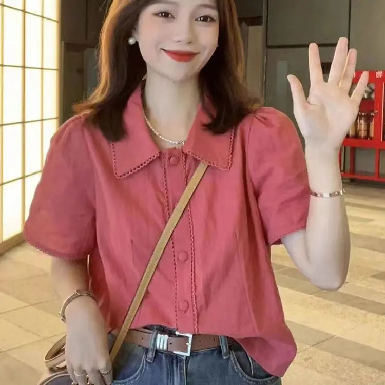 

Розовая женская рубашка с кукольным воротником и коротким рукавом с модным возрастным коротким французским топом для женщин