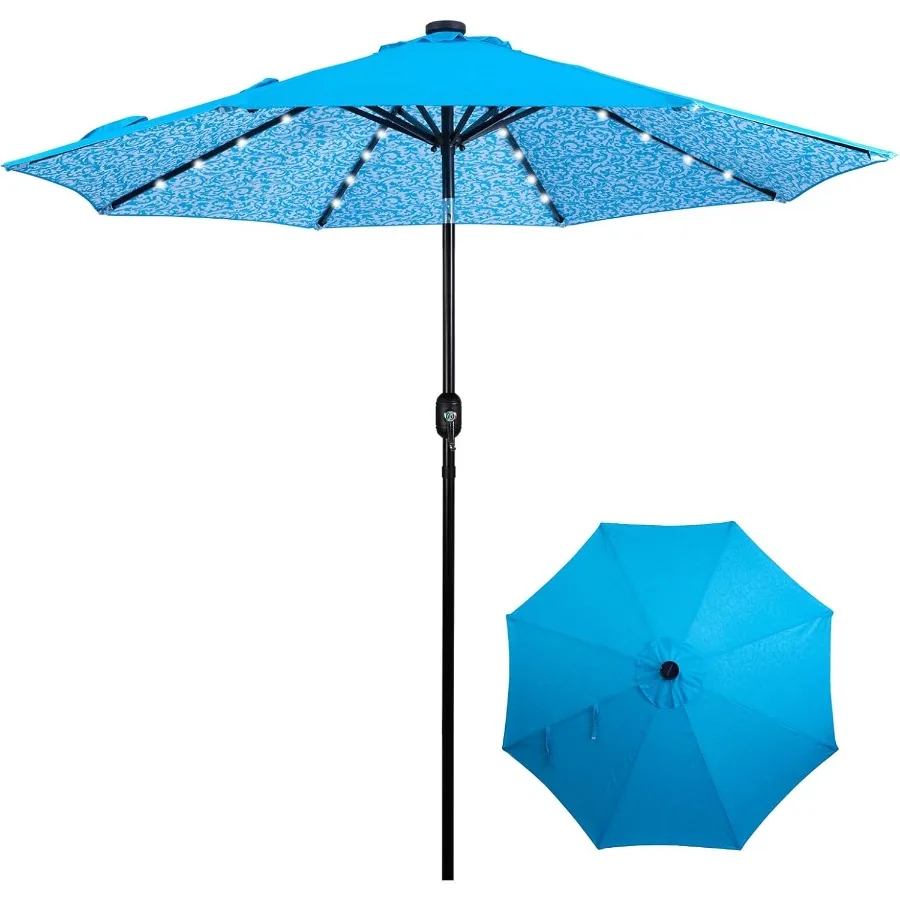 

Солнечный зонт для патио длиной 9 футов с 32 светодиодными лампами — синий цветочный зонт для уличного рынка с наклоном и кривошипом. Освещение на солнечной энергии.