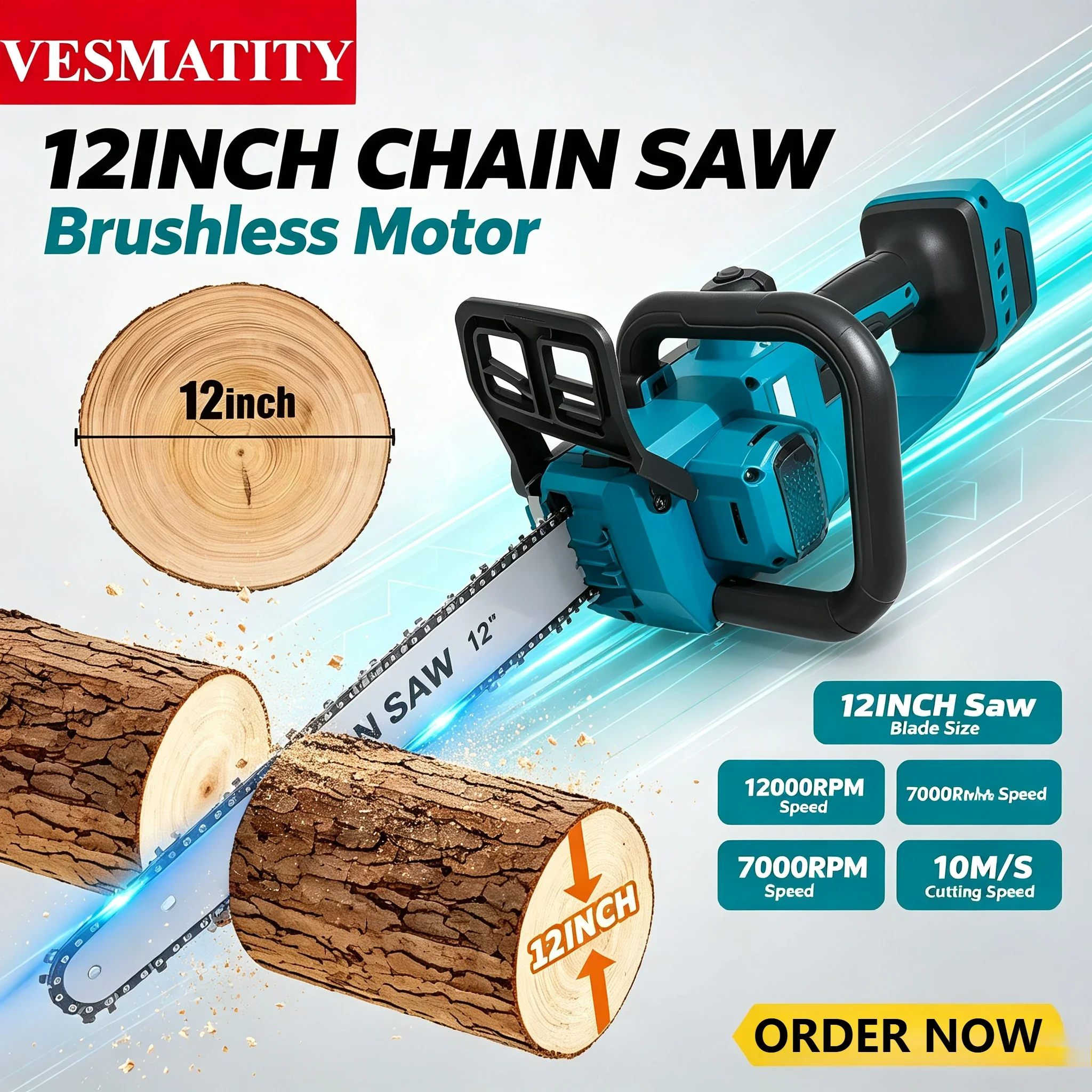 12 Inch Brushless Electric Chain Saw 2200W Rechargeable Cordless Graden Pruning Tools Portable Chainsaw for 18V-20V battery.