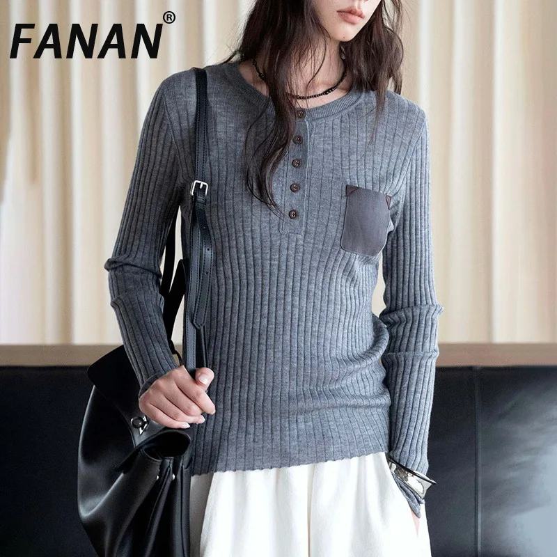 FANAN Women Round Neck Knit Top Ribbed Long Sleeve Slim Fit Tee With Patch Pocket Casual Basic Shirt Autumn Winter New Female